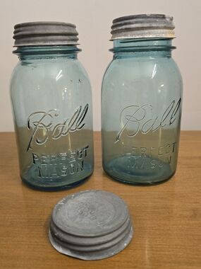 Vintage Ball Perfect Mason Blue Glass Jars With Antique Lids- Set of 2